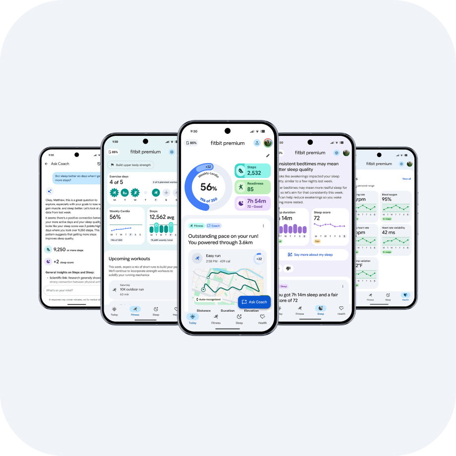 Personal Health Coach app screens on Pixel phones