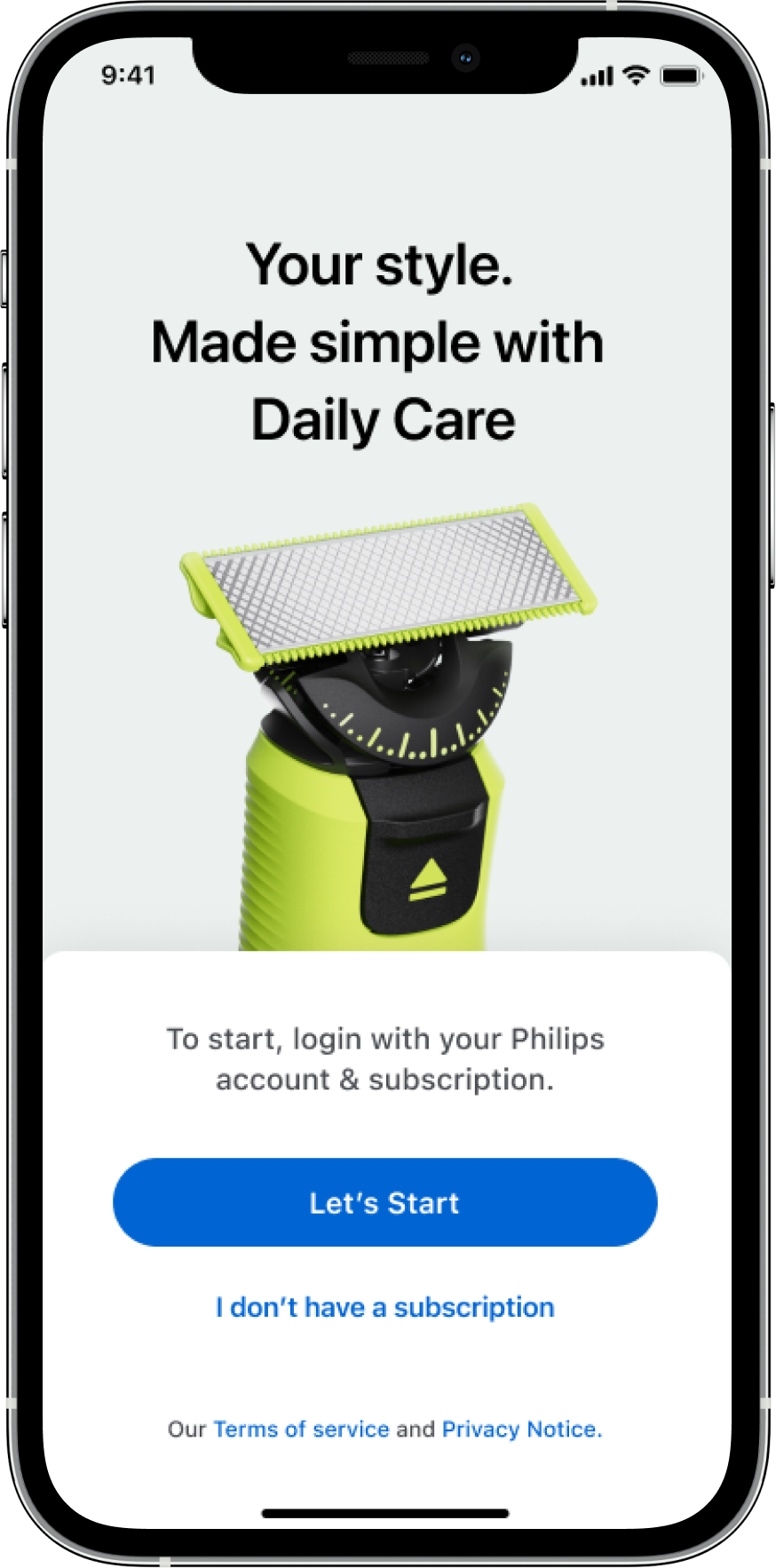 Daily Care app welcome screen featuring a neon green trimmer