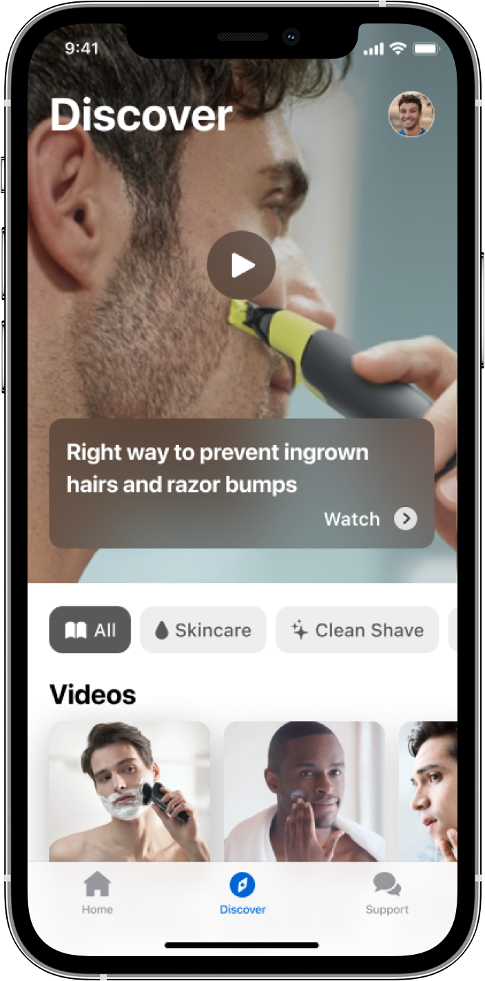 Discover feed with videos and category filters
