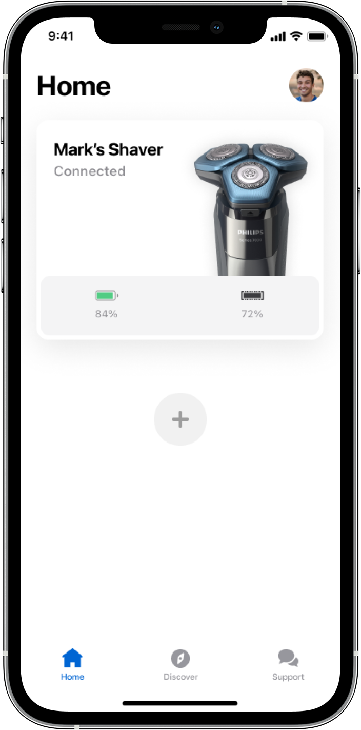 Home dashboard showing Mark’s Shaver connected status