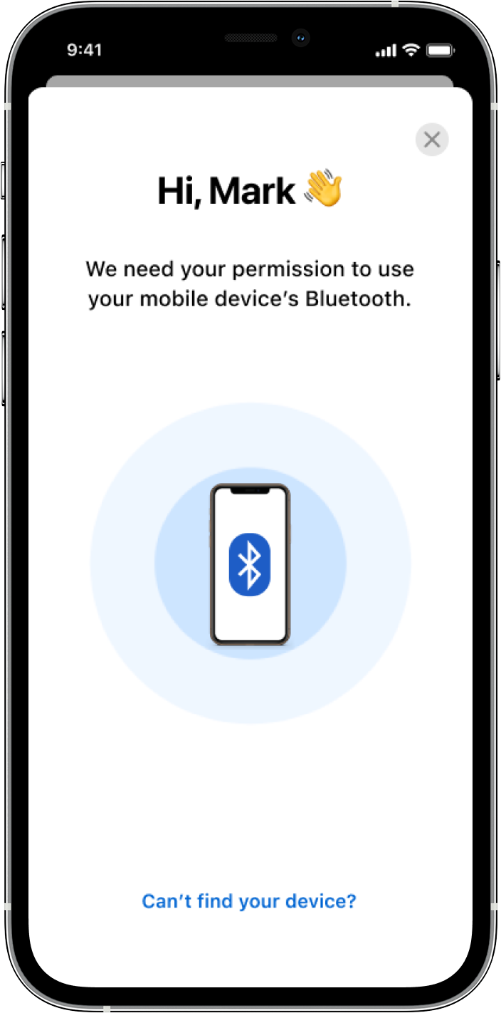 Device pairing screen greeting the user and prompting Bluetooth connection