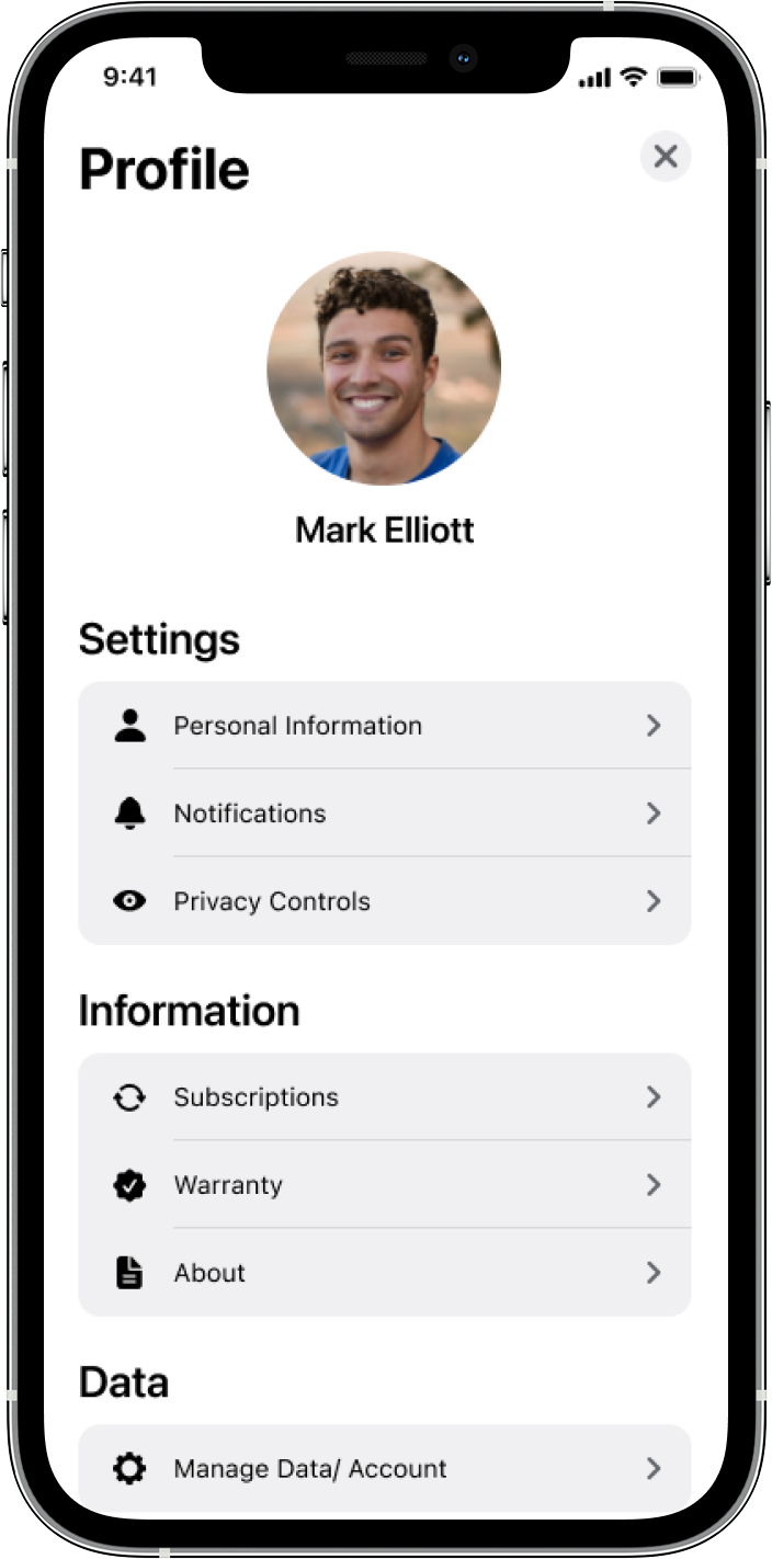 Profile screen for Mark Elliott with settings and warranty