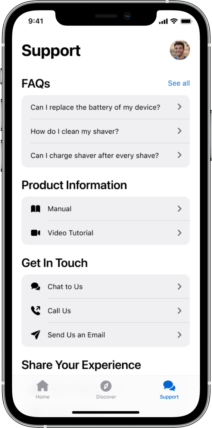 Support screen with FAQs, manuals and contact options