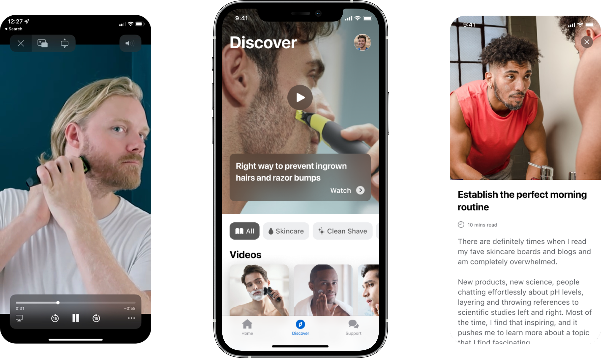 Discover content screens: video player, feed and article