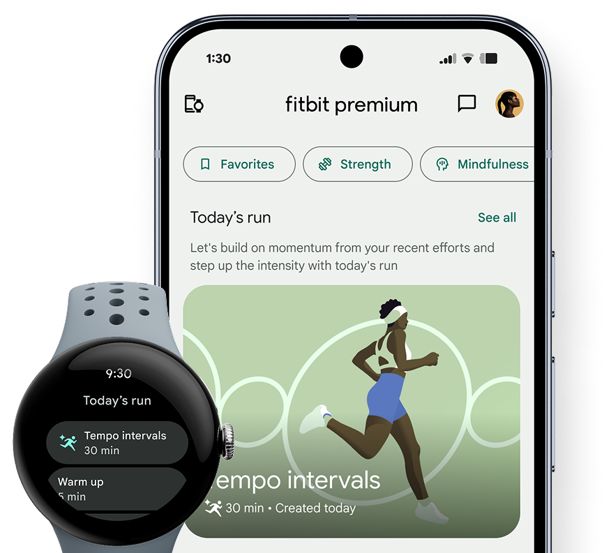 Today’s run recommendation — Tempo intervals — on a Pixel phone and Pixel Watch