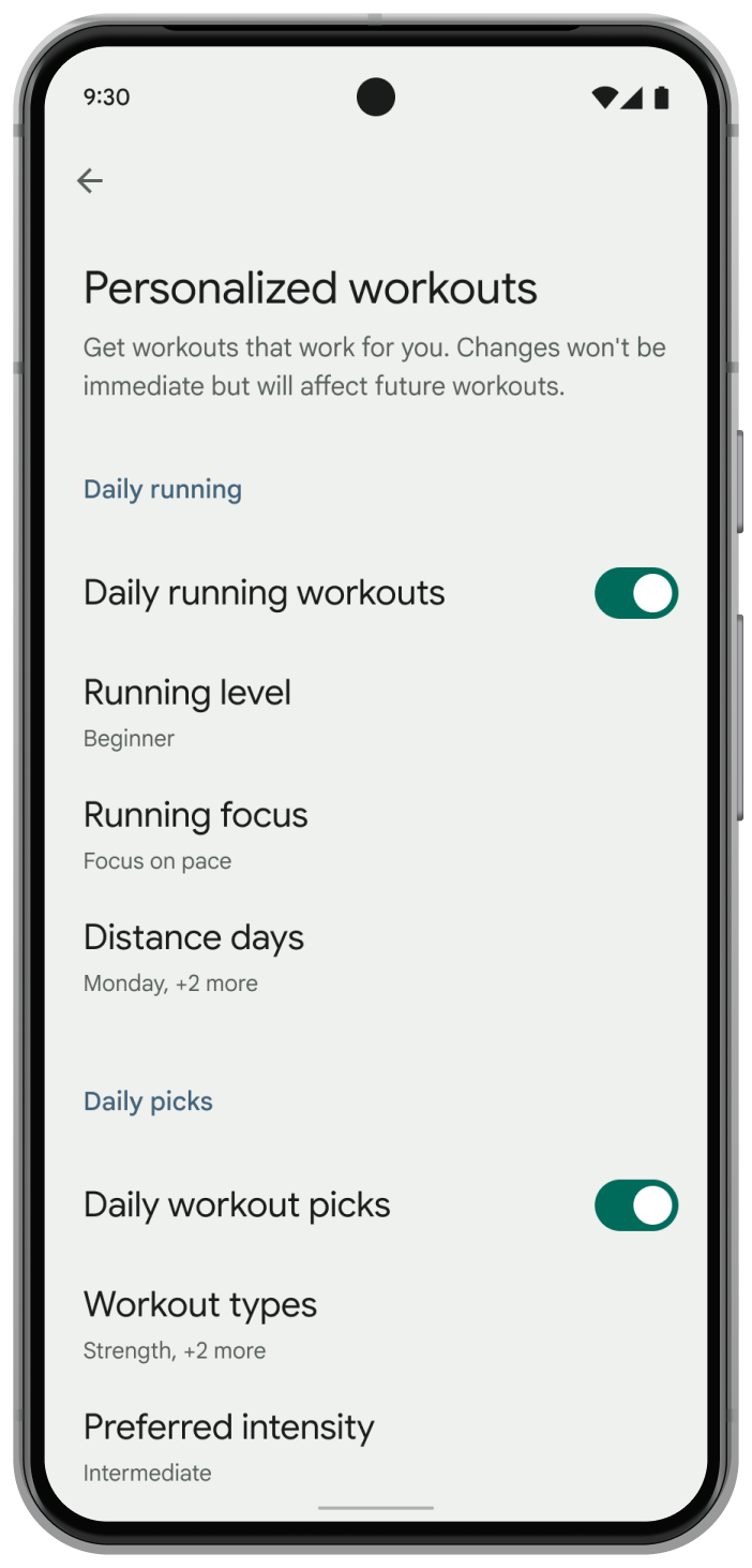 Preference settings for personalised workouts