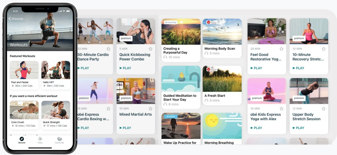 Fitbit workouts library on phone with overflowing content cards