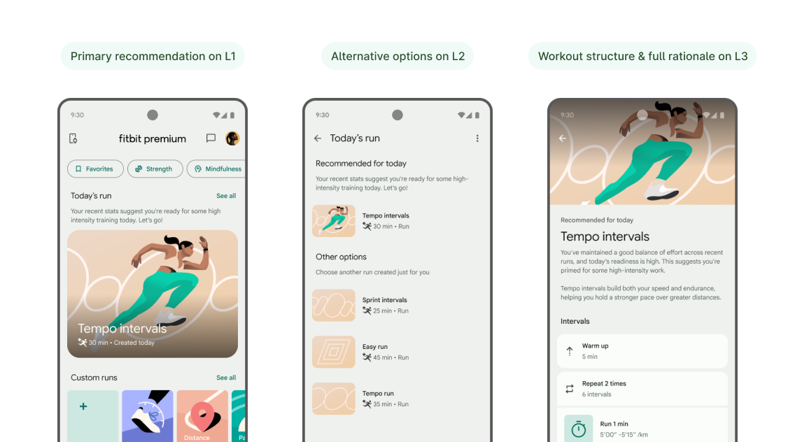 Shipped Daily Recommendations screens across the Fitbit app
