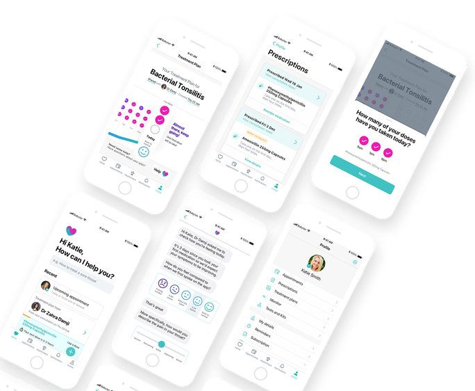 Medication Adherence app screens on overlapping iPhones