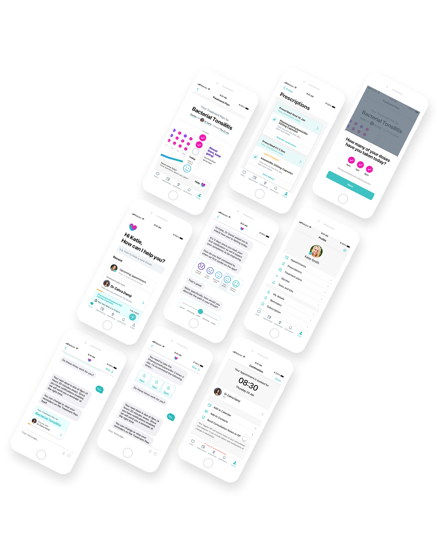 Medication Adherence app screens on overlapping iPhones