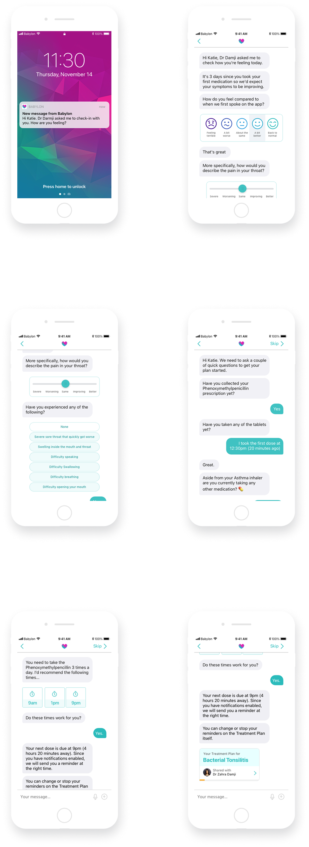 Conversational check-in screens with reminders and symptom questions