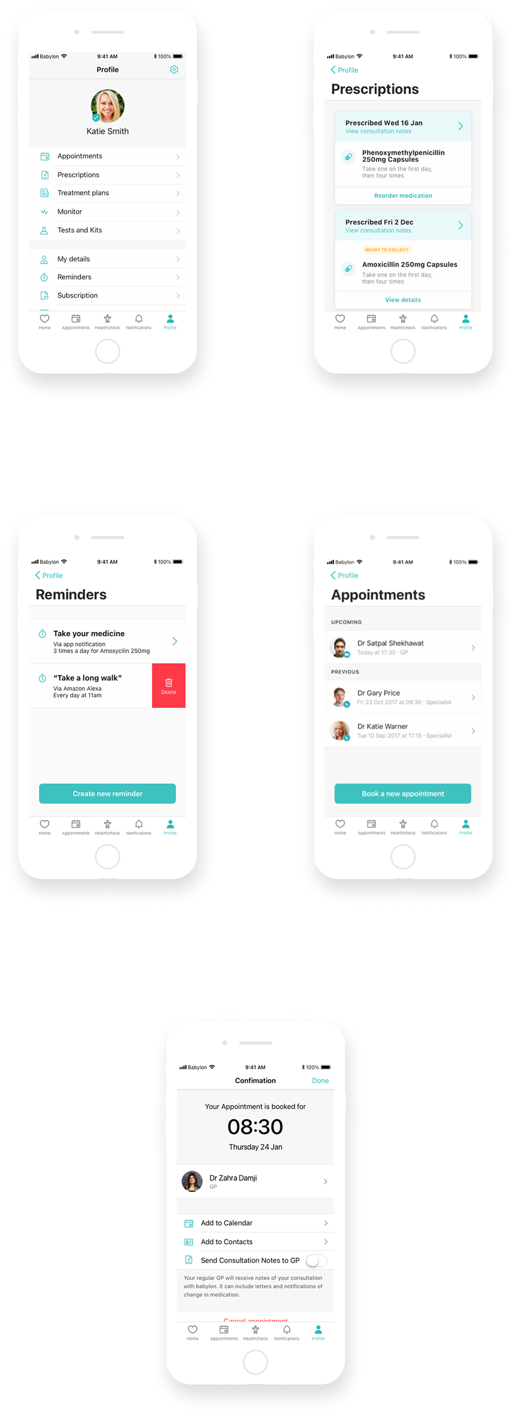 Profile, prescriptions, reminders, and appointment screens