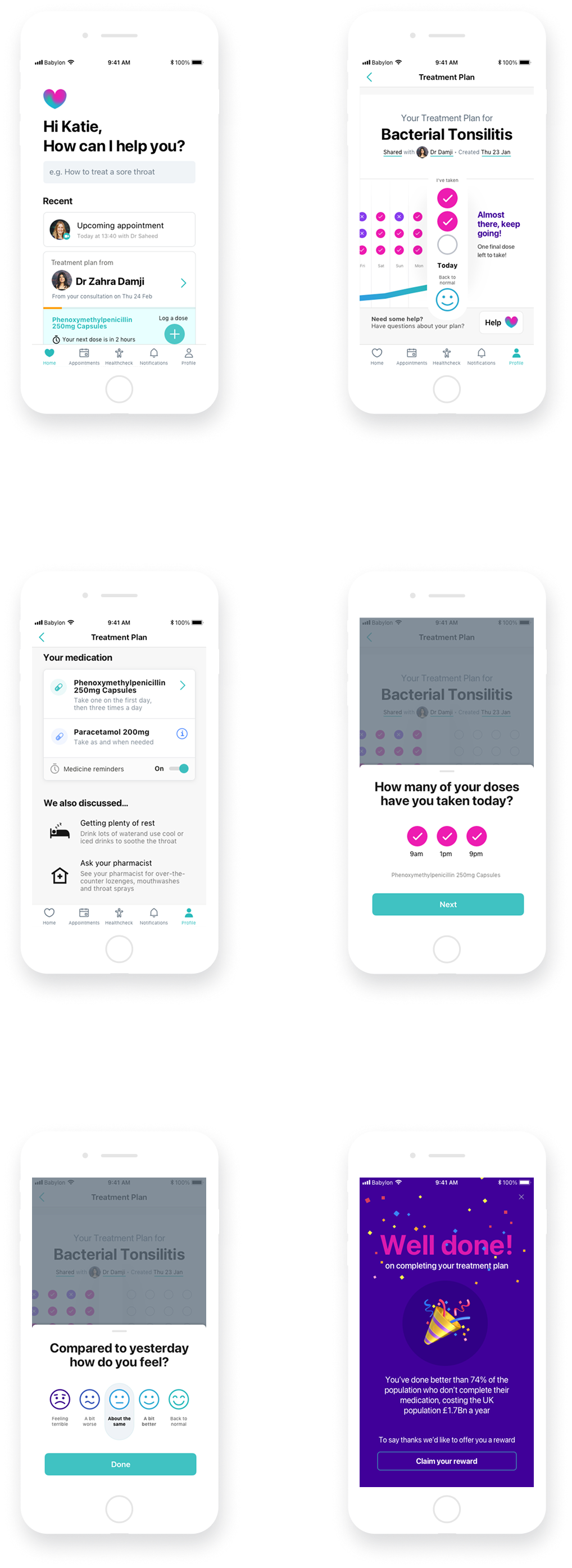 Treatment plan screens showing medication tracking, health graph, and mood check-in