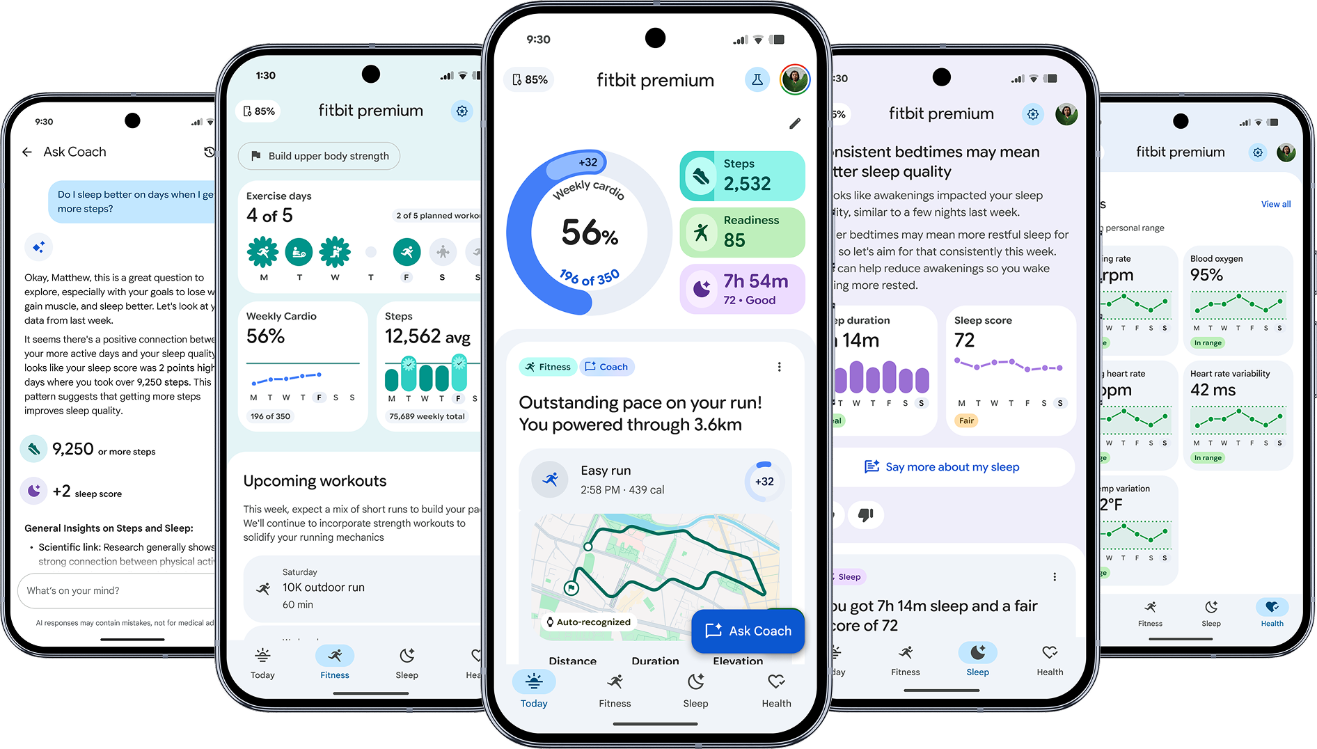 Five Pixel phones showing the Fitbit Personal Health Coach experience