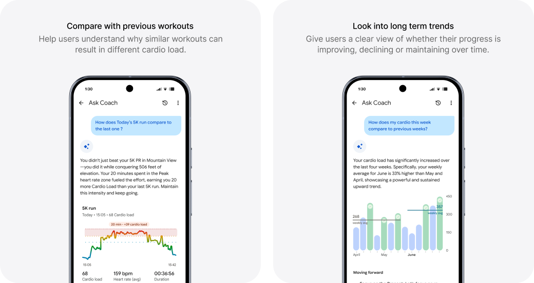 Ask Coach screens comparing workouts and long term trends