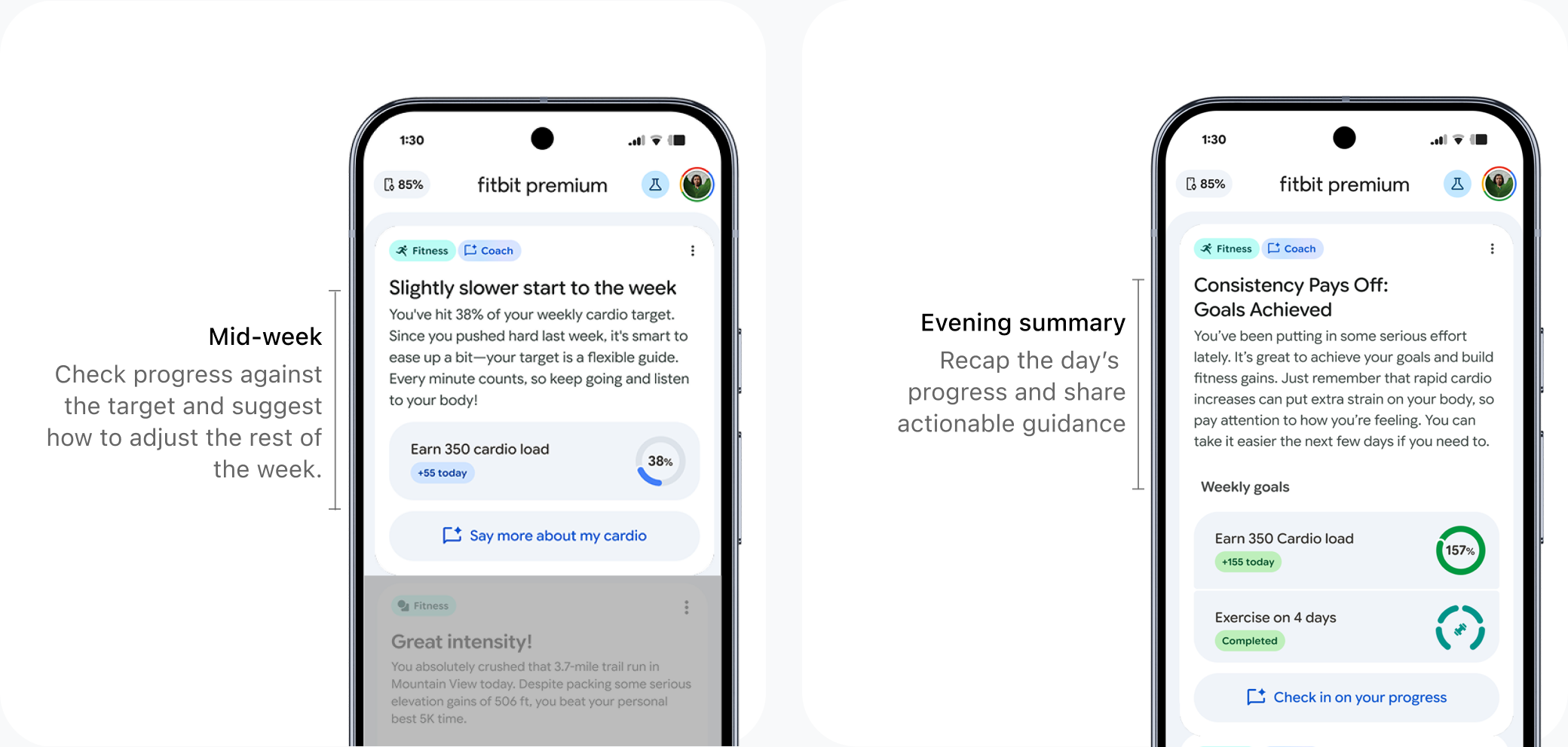 Mid-week check-in and evening summary screens