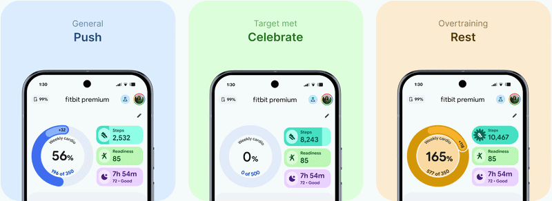 Animated cardio ring states: General — Push, Target met — Celebrate, Overtraining — Rest