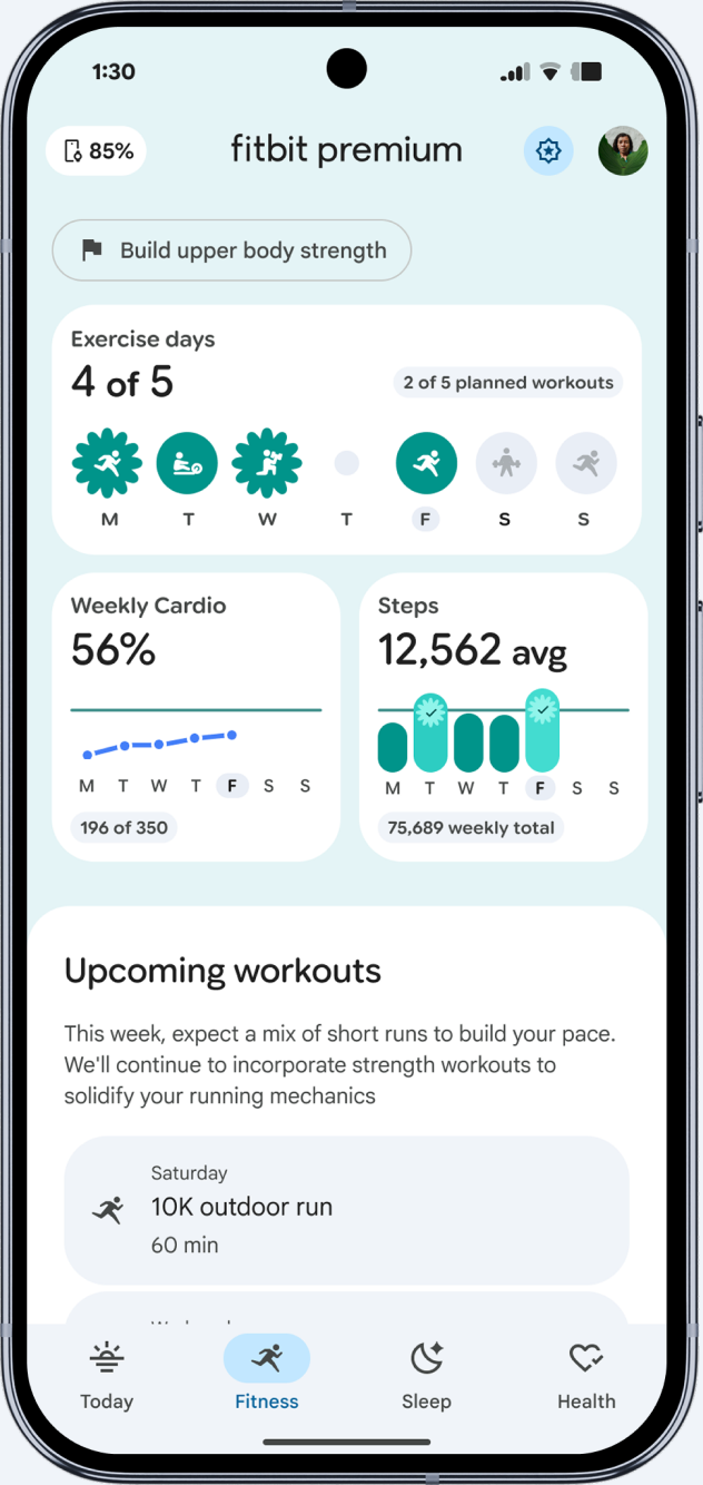 Fitness tab showing weekly cardio and steps