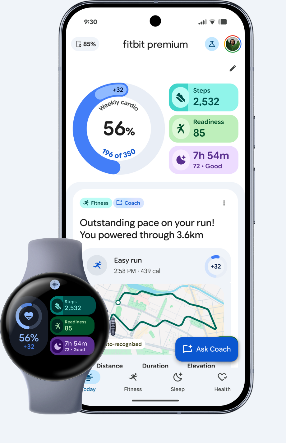 Today tab on a Pixel phone and Pixel Watch